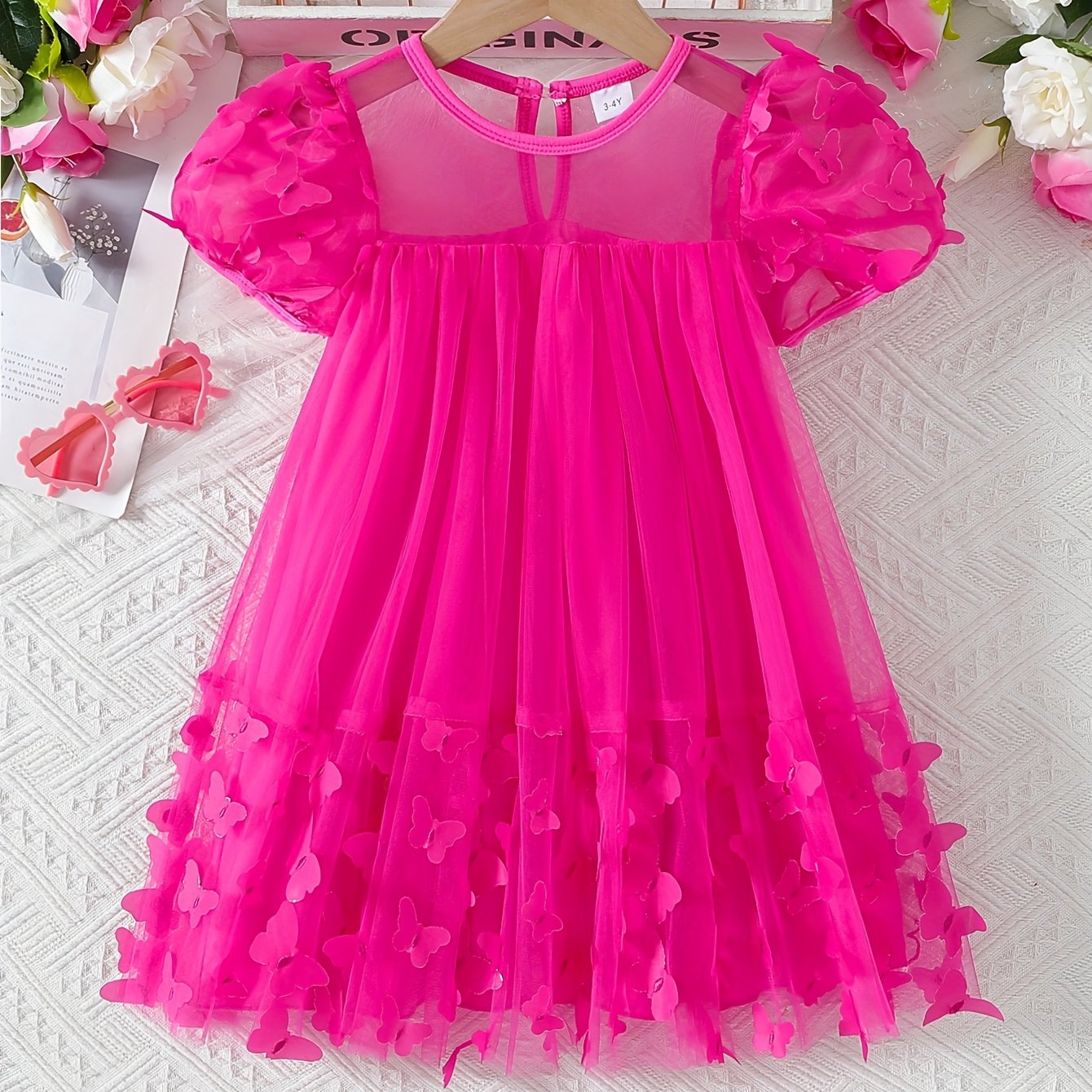 Girls' Spring Summer Princess Dress with 3D Butterfly Detail Short Puff Sleeve Flared Hollow Design