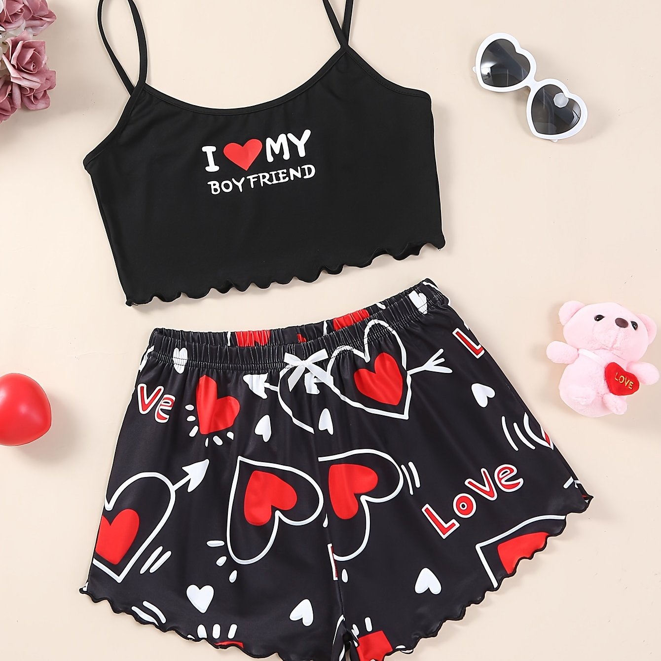 Women's Valentine's Day Pajama Set Heart Slogan Print Lettuce Trim Cami Top Elastic Shorts