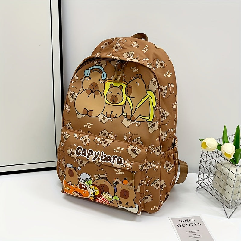 Cute Capybara Pattern Backpack Large Capacity Nylon School Bag with Adjustable Straps