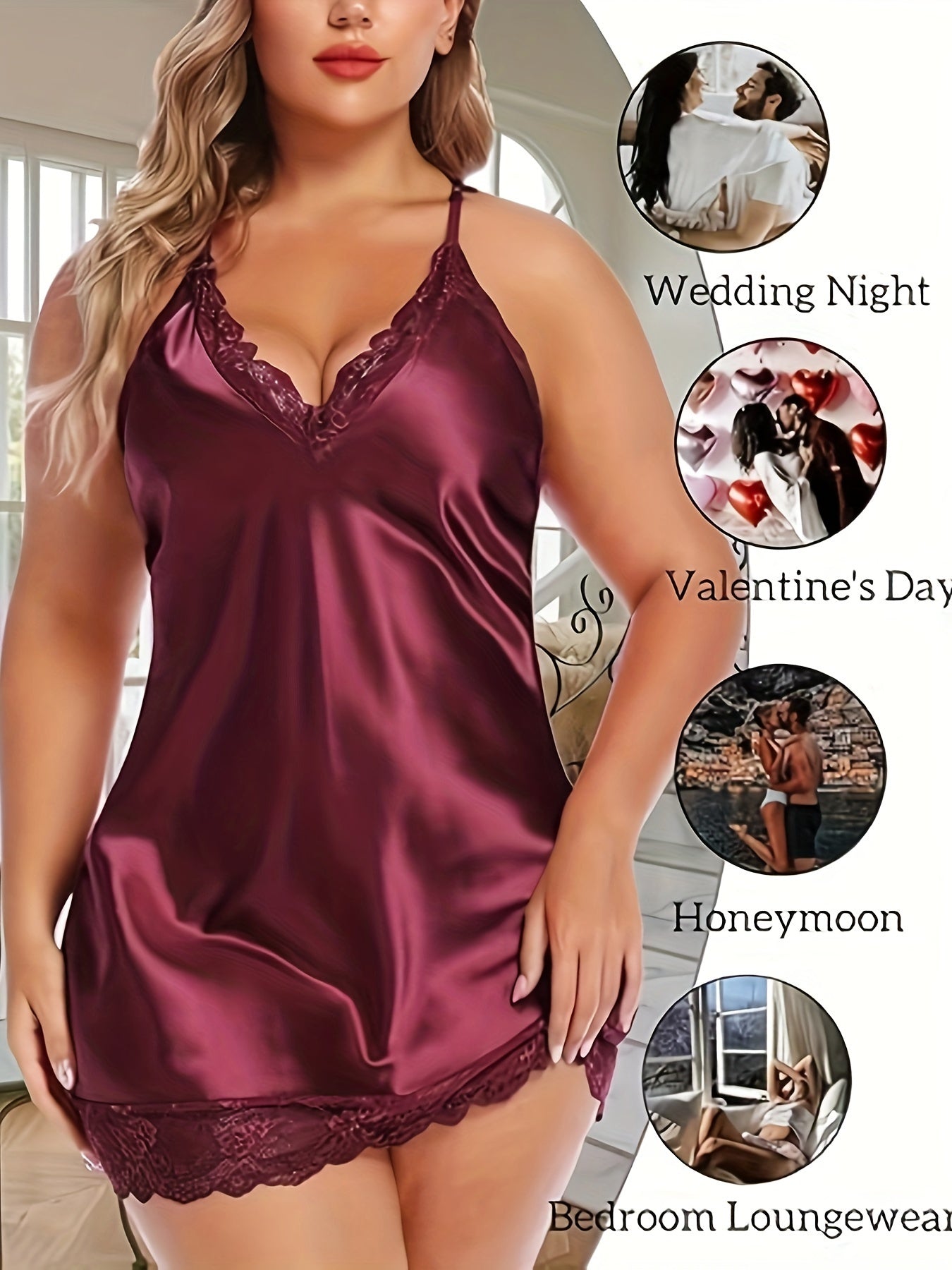 Women’s Plus Size Satin Lace Lingerie Dress Set V Neck Halter With Thong