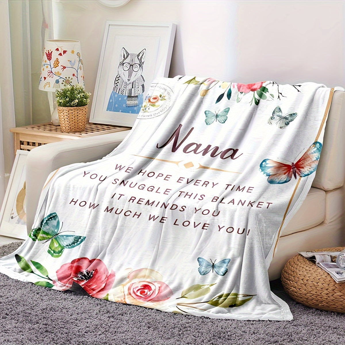 Soft Plush Throw Blanket with Floral and Butterfly Design for Cozy Home Decor