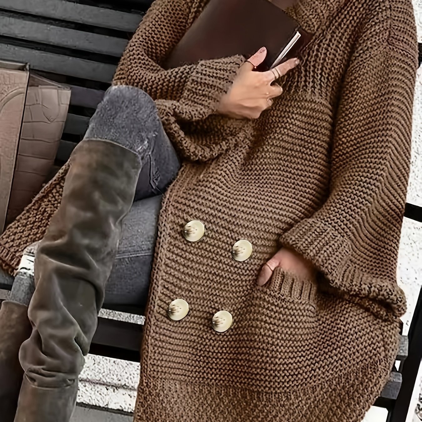 Plus Size Women's Red Long Sleeve Cardigan Cozy Winter Sweater with Pockets