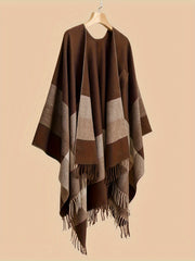 Plus-Size Open-Front Fringe Shawl Cardigan Casual Cape Sweater for Autumn Winter