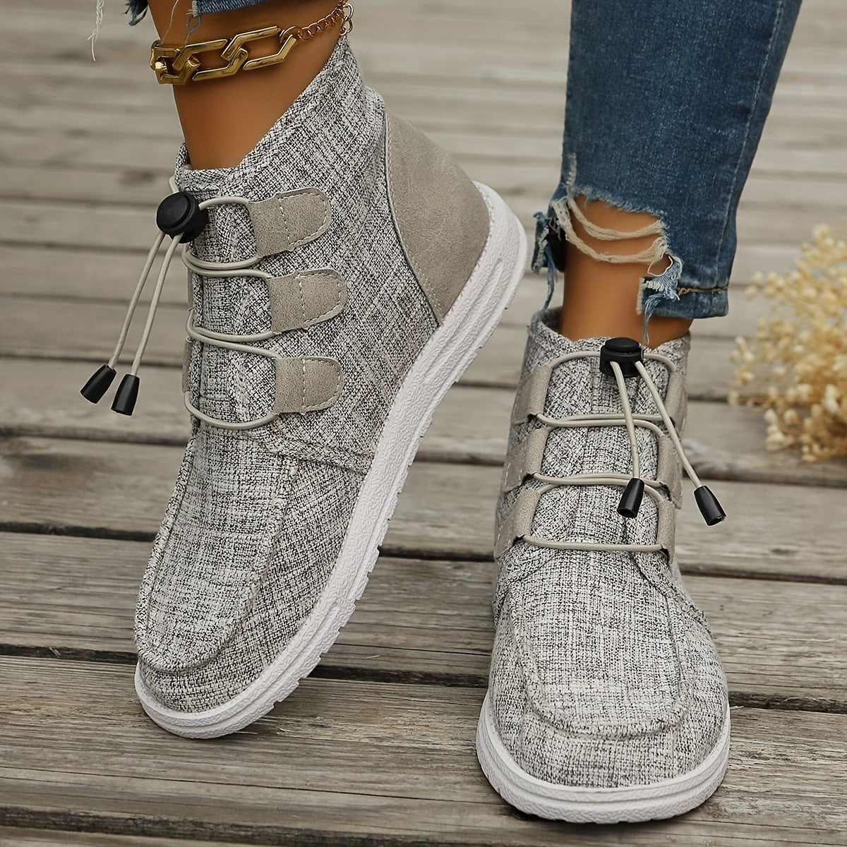 Women's Casual High-Top Sneakers Breathable Fabric Rubber Sole Beige All-Season