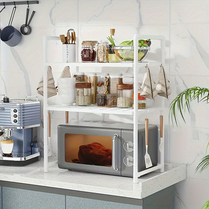 Expandable Double Layer Microwave Rack with Hooks Kitchen Storage Organizer