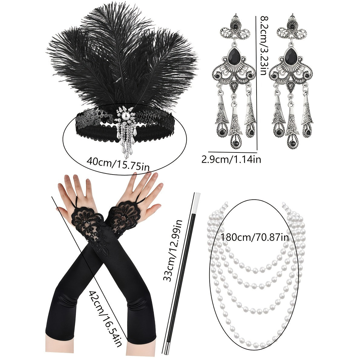 Set de accesorios de disfraces con temática Gatsby para mujeres con diadema de plumas, guantes, collar de perlas y sujetapapeles para cigarrillos