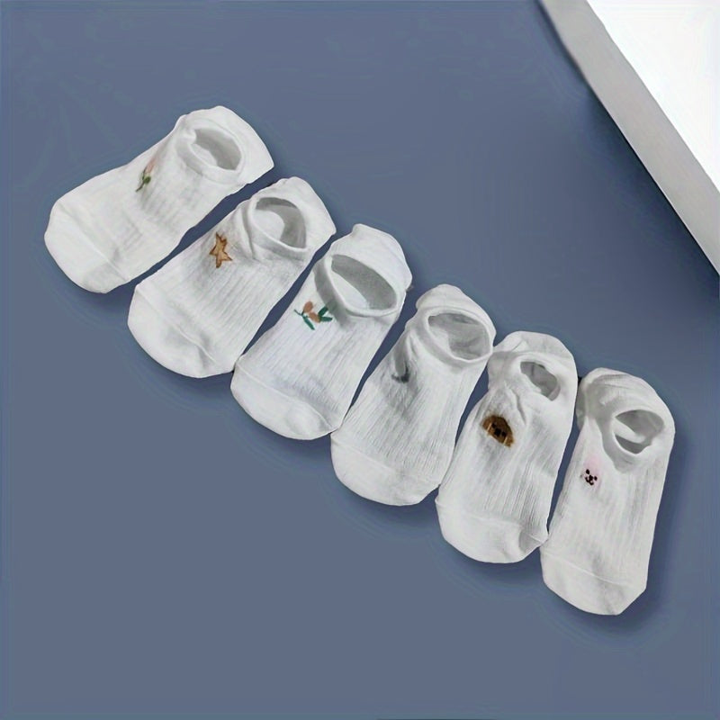 Kids Ankle Socks Pack of 5-10 Breathable Polyester Blend with White Stripes and Cute Animal Designs
