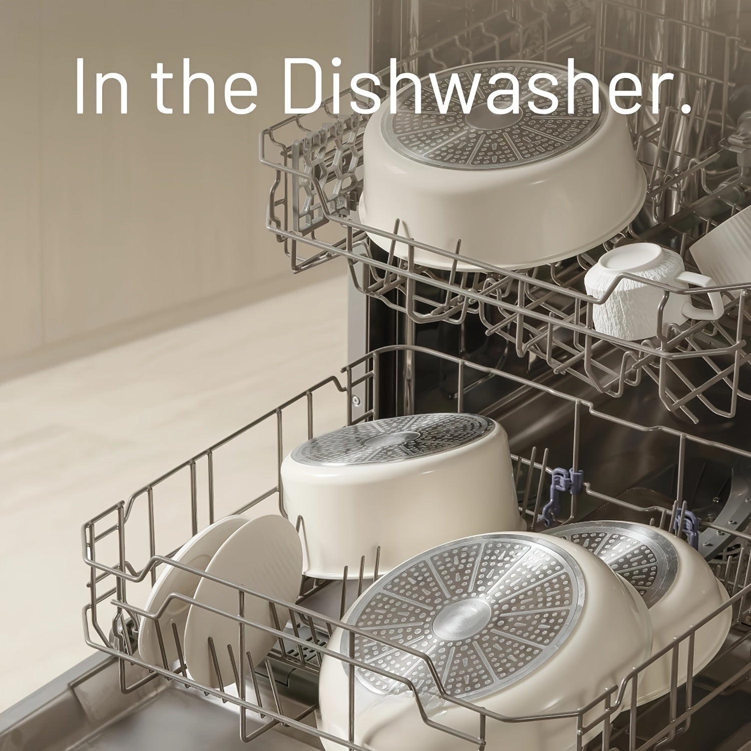 Juego de utensilios de cocina antiadherentes de 15 piezas en blanco leche con mangos desmontables, apto para lavavajillas