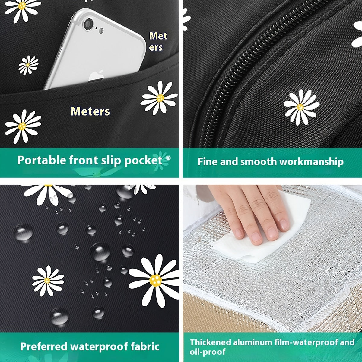 Gran capacidad bolsa de almuerzo aislada Daisy, impermeable, para escuela, camping y senderismo