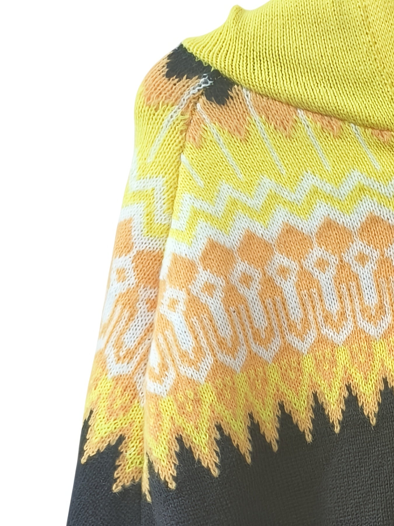 Plus Size Womens Cozy Geometric Pattern Cardigan Hooded Long Sleeve Sweater Black Yellow