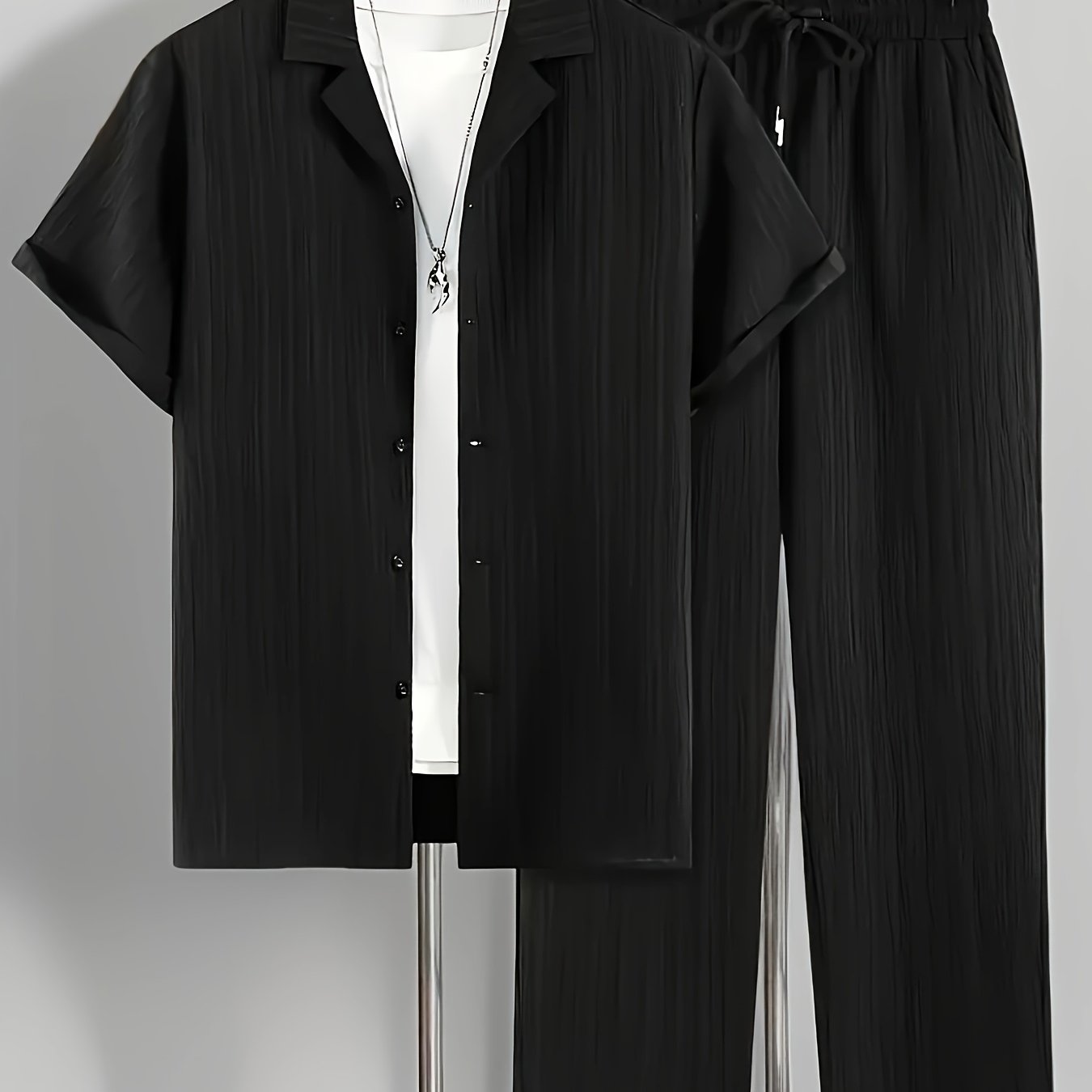 Men's Summer Set Casual Short Sleeve Button-Up Shirt and Drawstring Pants Polyester Solid