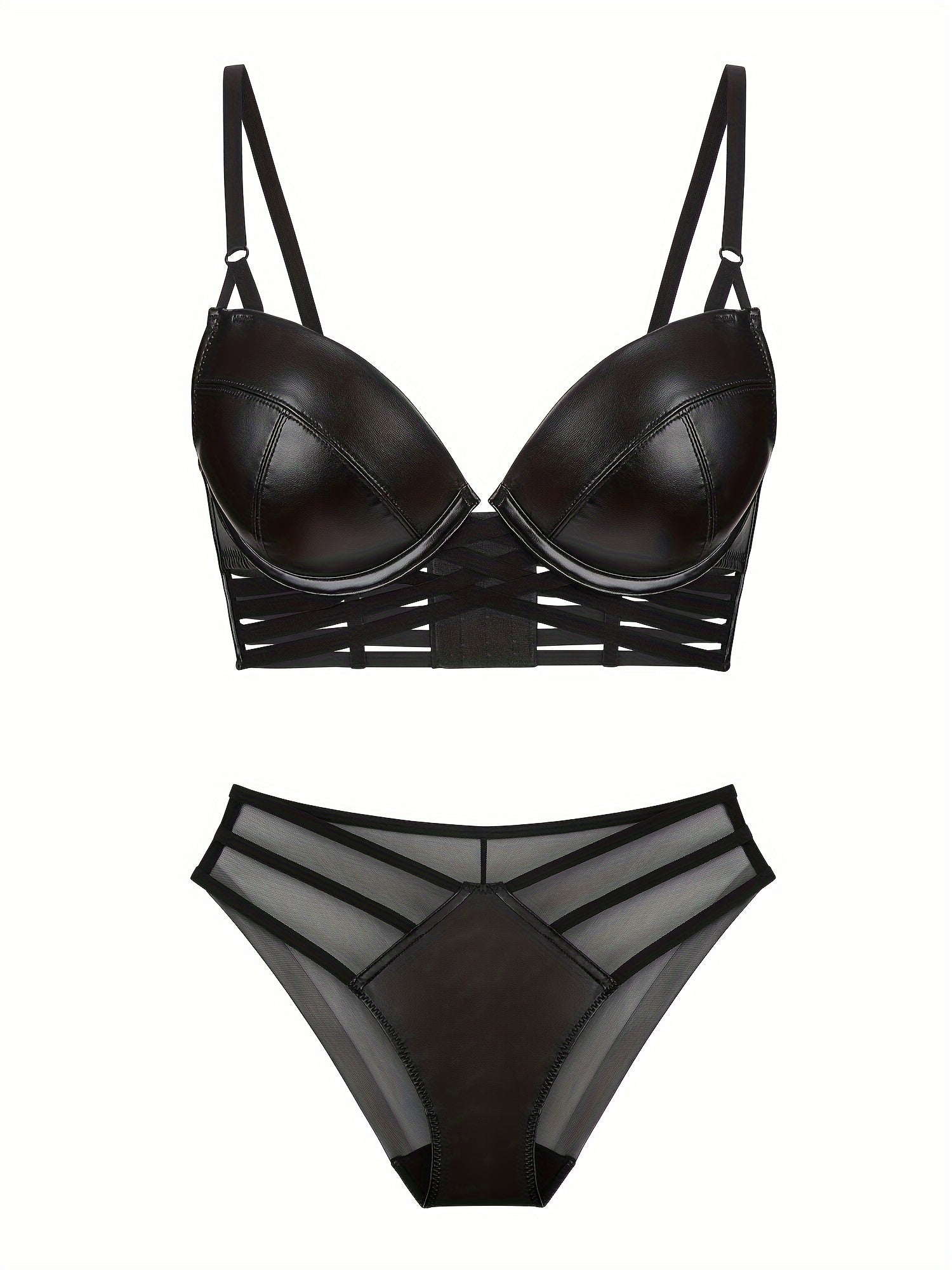 Women's PU Leather Cami Bra and Panty Set Sexy Lingerie