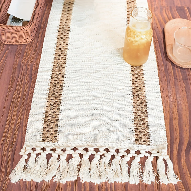 Boho Farmhouse Style Polyester Table Runner with Brown Macrame and Tassels for Holiday and Wedding Decor