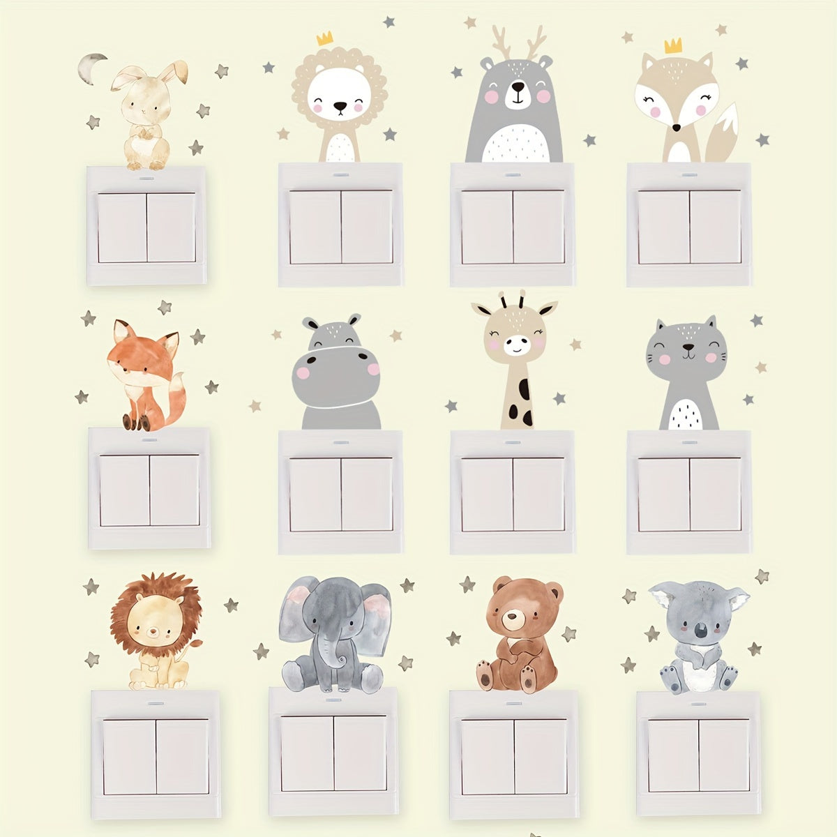 12 Cartoon Animal Wall Stickers for Kids Room Decor Lions Elephants Rabbits Set