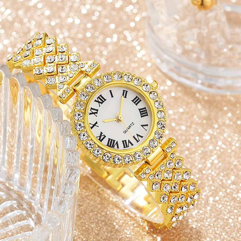 Women's Gold Tone Rhinestone Quartz Watch Set with Jewelry 6-Piece Gift Collection