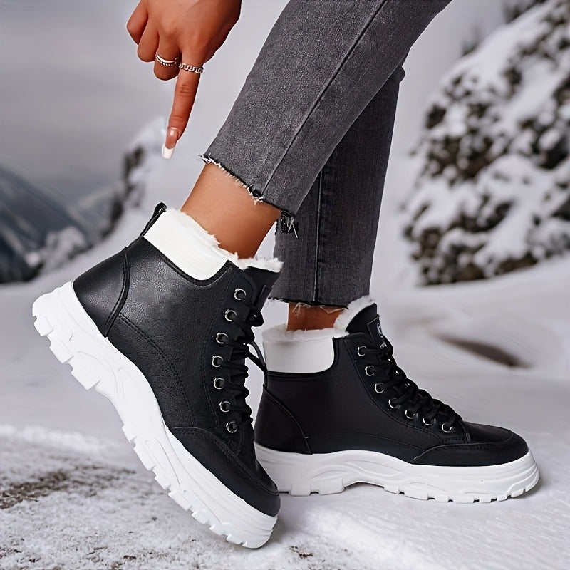 Women's Snow Boots Thick Sole High-Top Warm Leather Lace-Up White