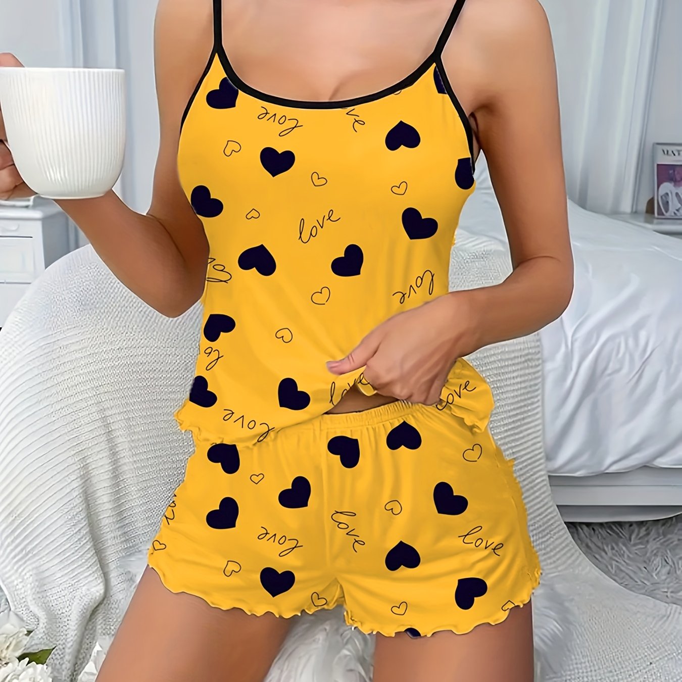 Women's Sleepwear Set Heart Print Frill Trim Backless Cami Top Elastic Shorts
