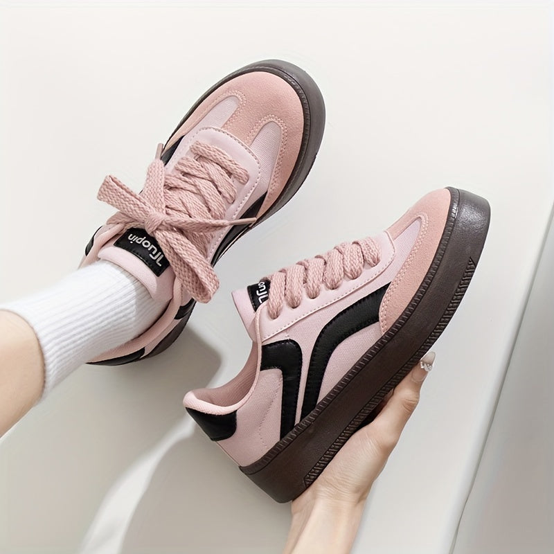 Women Canvas Sneakers Pink Black Casual All-Season Lace-Up