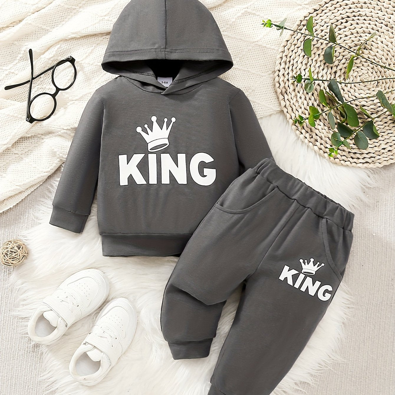 Baby Boy's Casual Outfit Set Cotton Hooded Sweatshirt and Pants with KING Print