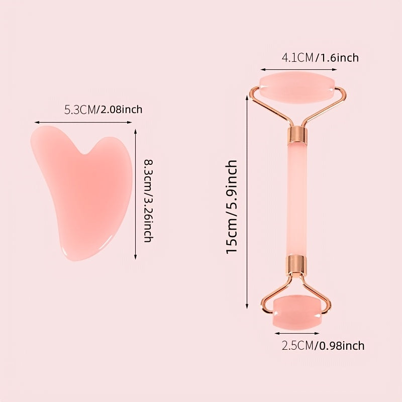 Pink Gua Sha Facial Massage Set with Non-Jade Roller and Scraping Board