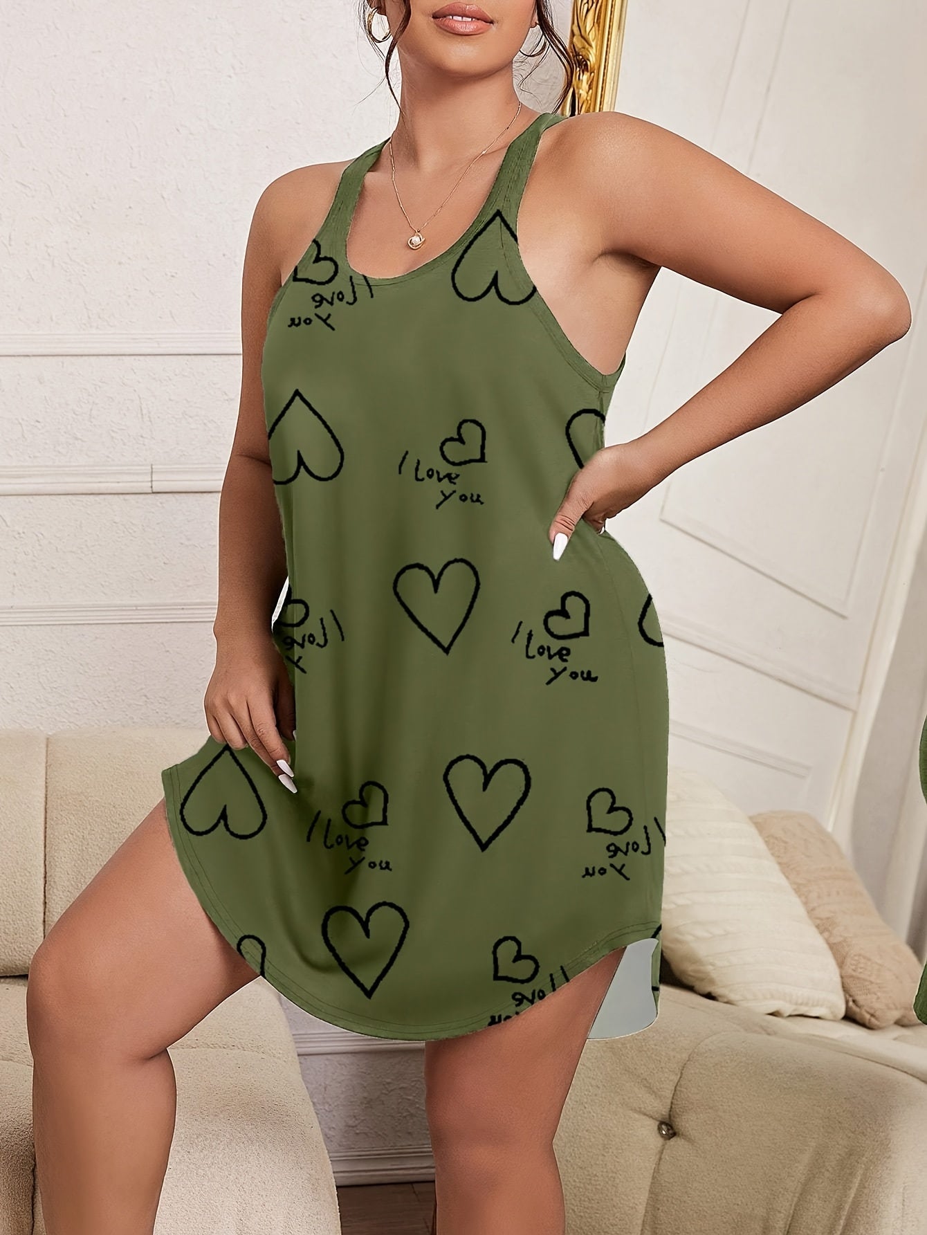 Plus Size Women's Knitted Loungewear Sleep Dress Sleeveless Heart Pattern