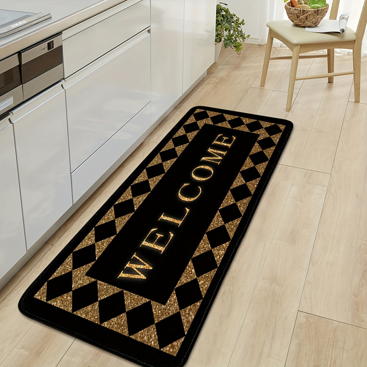 Золотисто-черный коврик для приветствия для дома, кухни и ванной - нескользящий, износостойкий ковер - 1 штука, 100% полиэстер, только ручная стирка
