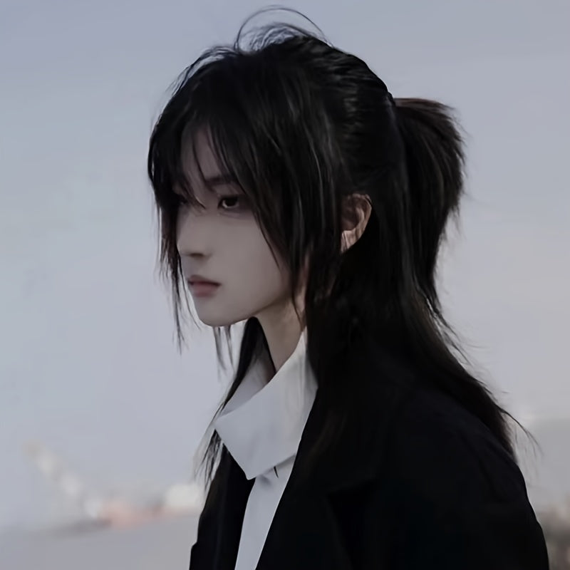 Долговечный и стильный парик для мужчин в стиле аниме, вдохновленный боевыми искусствами - Фанковый черный волокнистый волос, прямые волосы для косплея.