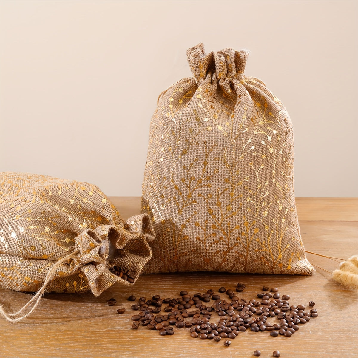 Juego de 2 bolsas de lino para granos de café, a prueba de humedad, con detalles en dorado