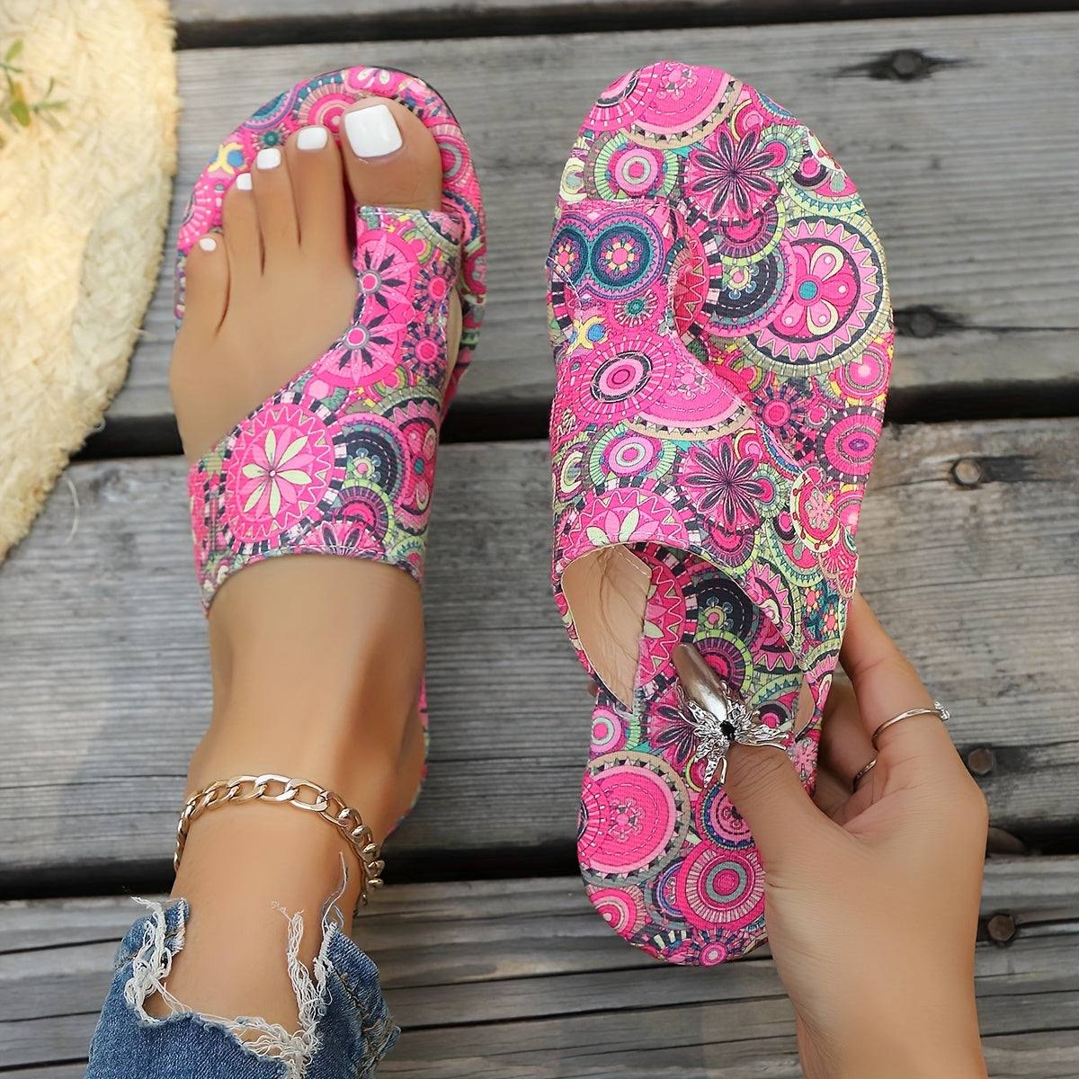 Женские плоские сандалии бохо с цветочным узором, яркие, на slip-on, для всех сезонов