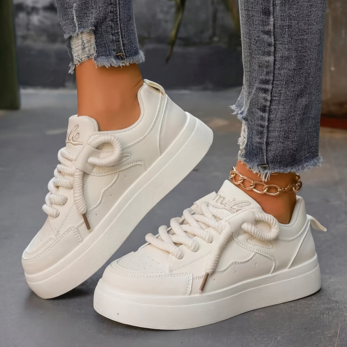 Zapatillas de mujer de caña baja de color sólido con cordones, zapatos casuales para correr con suela de goma