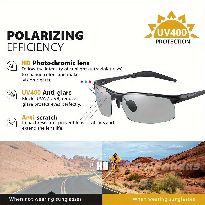 Men's Aluminum Rimless Photochromic Glasses Polarized Day Night Driving Anti-Glare
