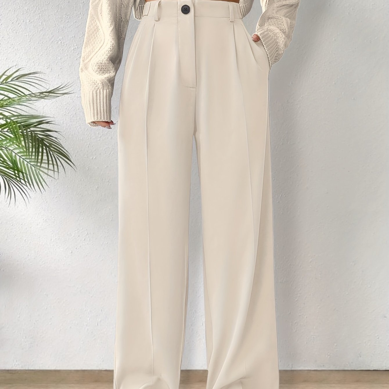 Women's Solid Color Work Pants with Dual Pockets Long Casual Trousers