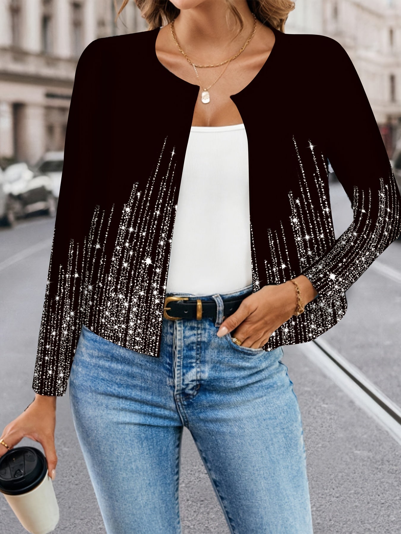 Long Sleeve Open Front Polyester Blend Jacket for All Seasons