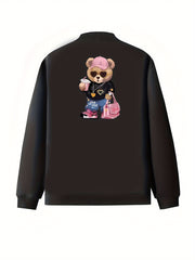 Women's Plus Size Casual Polyester Jacket with Cartoon Bear Print Long Sleeve Zippered Coat