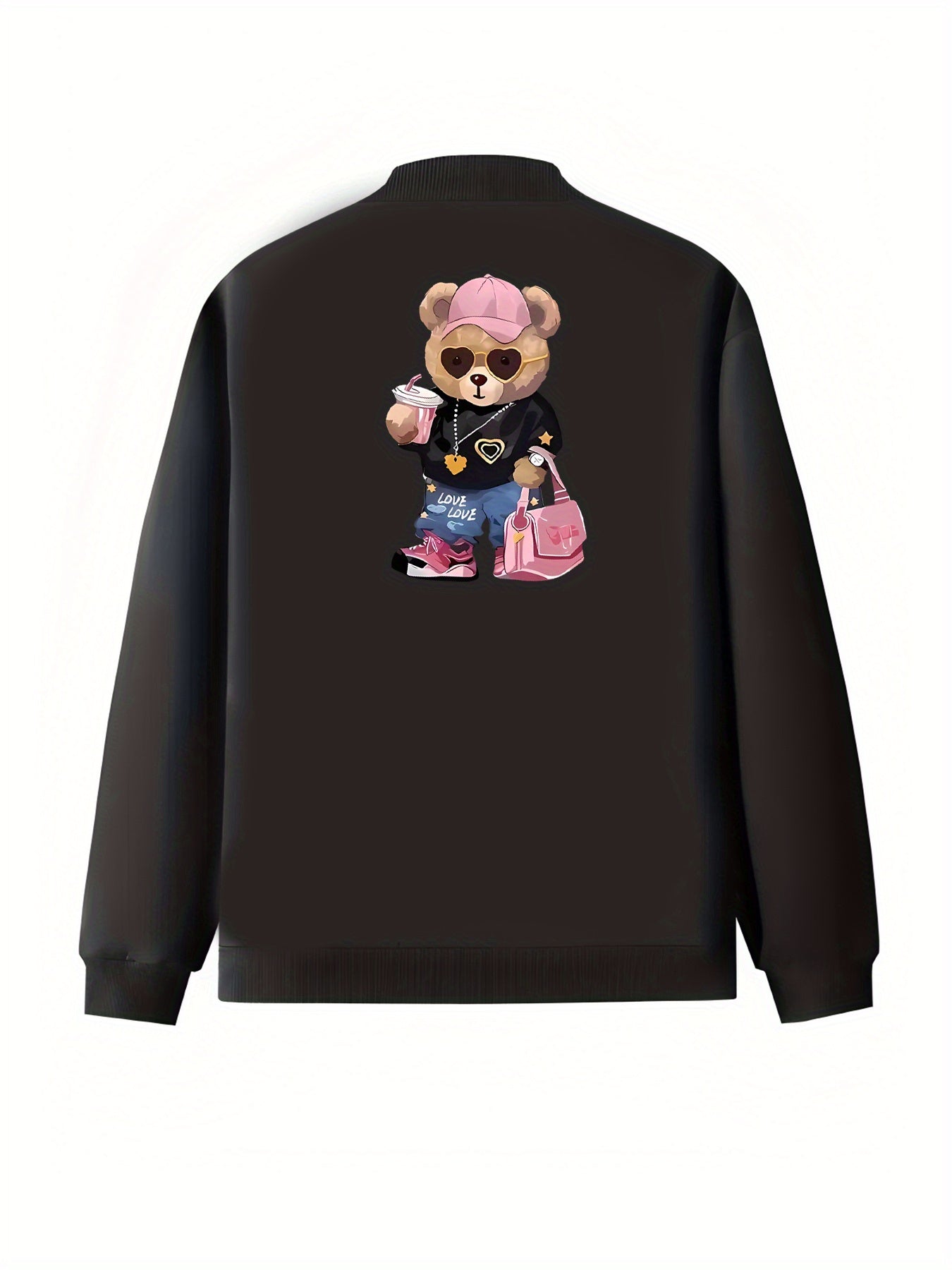 Women's Plus Size Casual Polyester Jacket with Cartoon Bear Print Long Sleeve Zippered Coat