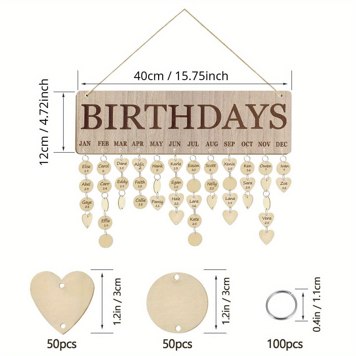 Family Organizer Board with 50 Round and Heart-Shaped Tags Wall-Mounted Event Planner