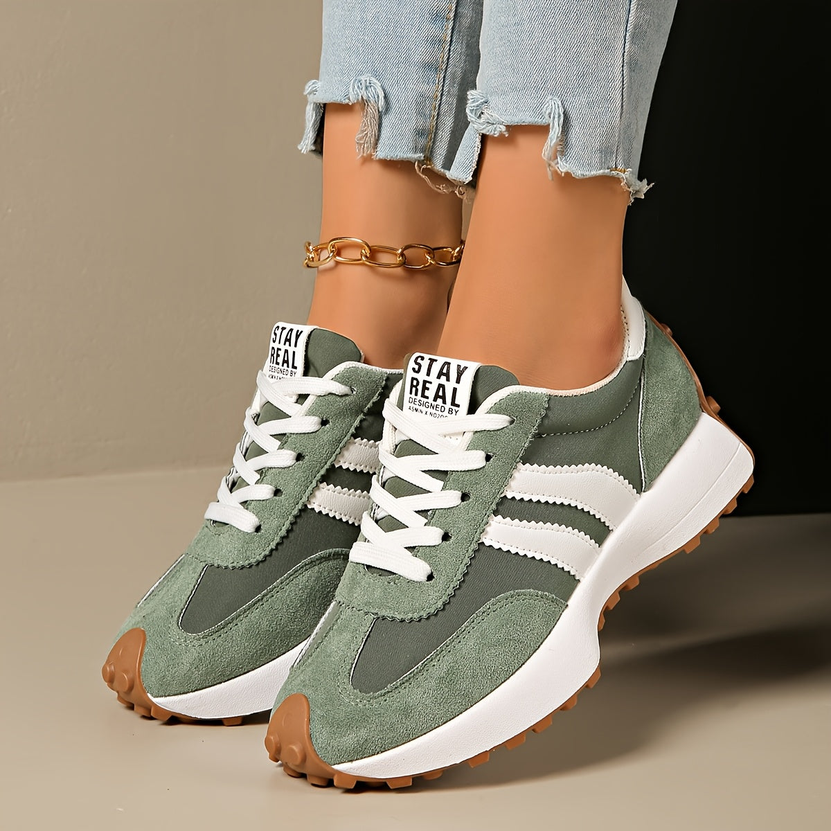 Women’s White Green Casual Sneakers with Rubber Soles and Mesh Panels