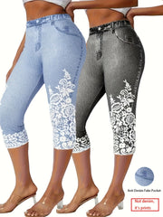 Women's Faux Denim Cropped Leggings 2-Pack Oversized Black Blue