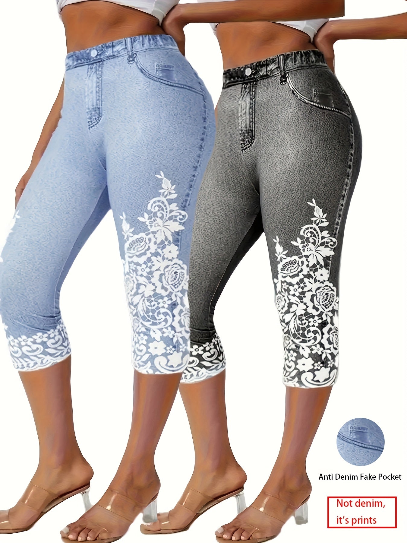 Women's Faux Denim Cropped Leggings 2-Pack Oversized Black Blue