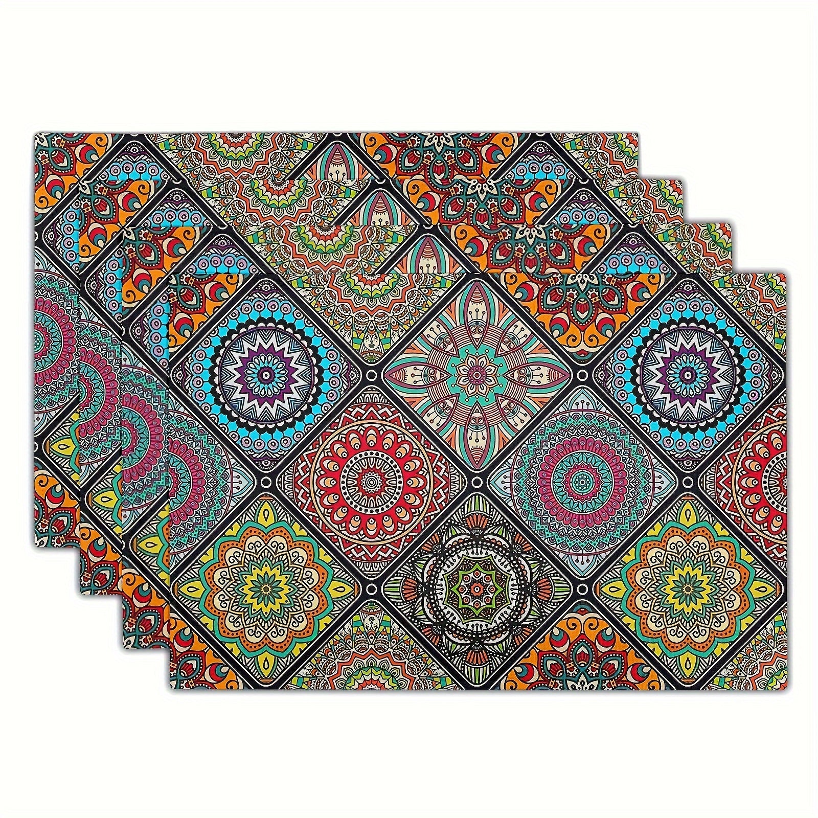 Set of 4 Boho Mandala Placemats with Mexican Ethnic Patterns and Geometric Designs