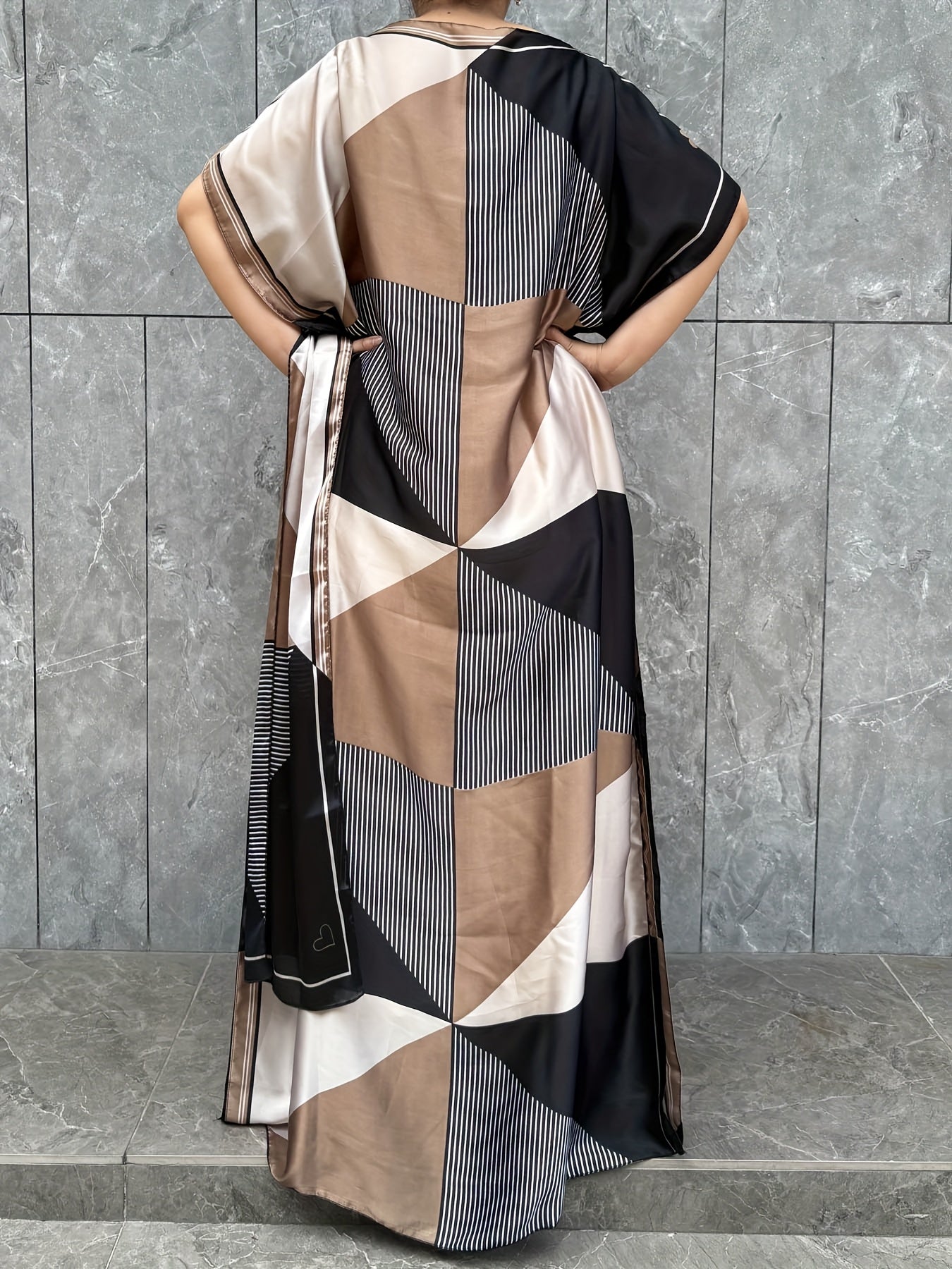 Women's Plus Size Geometric Print Kaftan Dress Short Sleeve Summer Casual Beige Black White