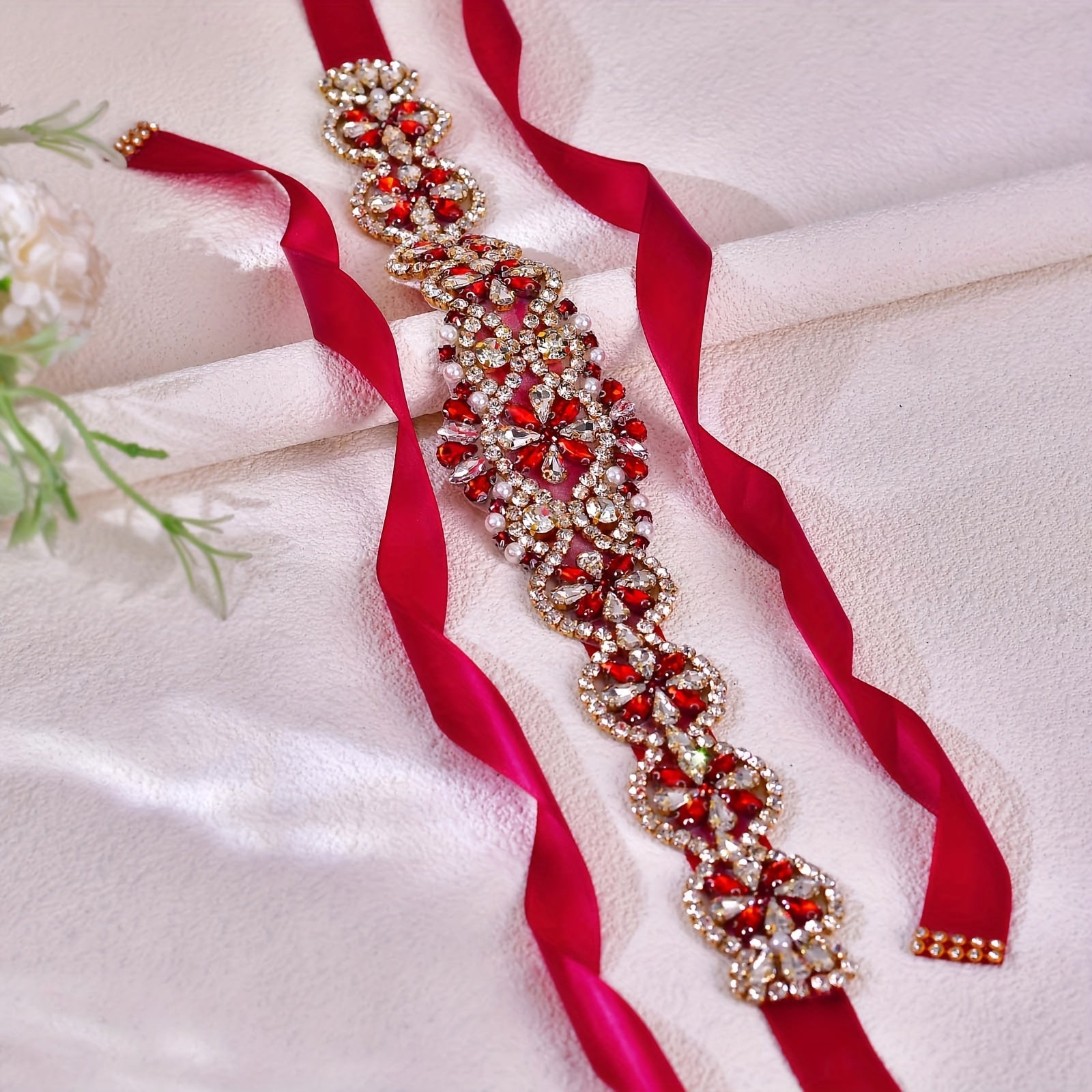 Burgundy Rhinestone To'y va Bayram Kiyimlari uchun Uzun Sashli To'y Belbog'i