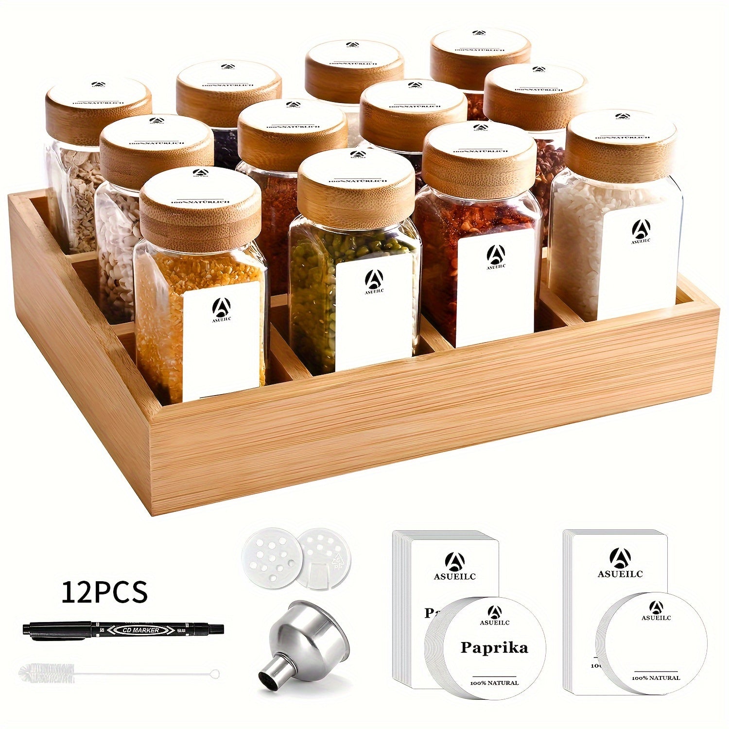 Spice Rack with 12 or 24 Jars Bamboo Lids Drawer Organizer Labels