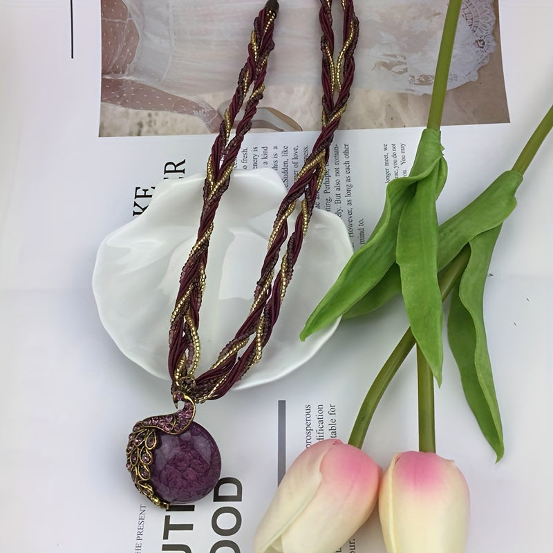 Vintage Alloy Peacock Leaf Gemstone Pendant Necklace Boho-Chic Jewelry