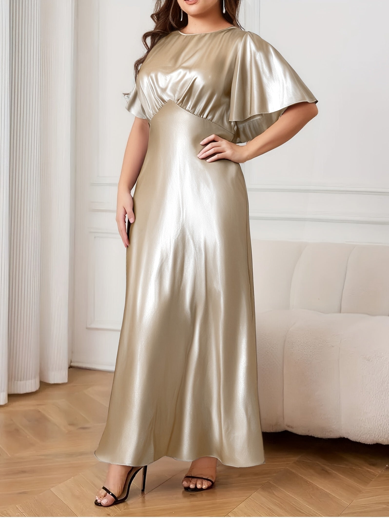 Plus Size Satin Ruffle Sleeve Dress for Weddings and Formal Events