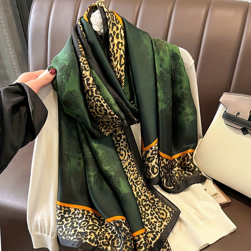 Leopard Print Flower Scarf Satin Green Sun Protection Windproof Accessory