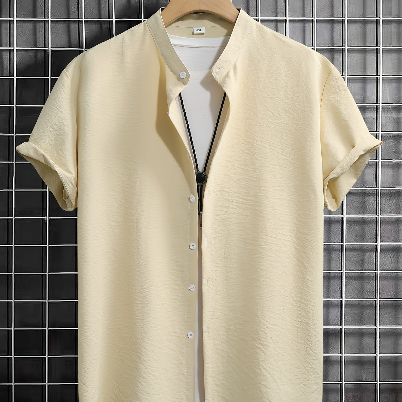 Men's Beige Short Sleeve Dress Shirt Polyester Solid Casual Office Plus Size