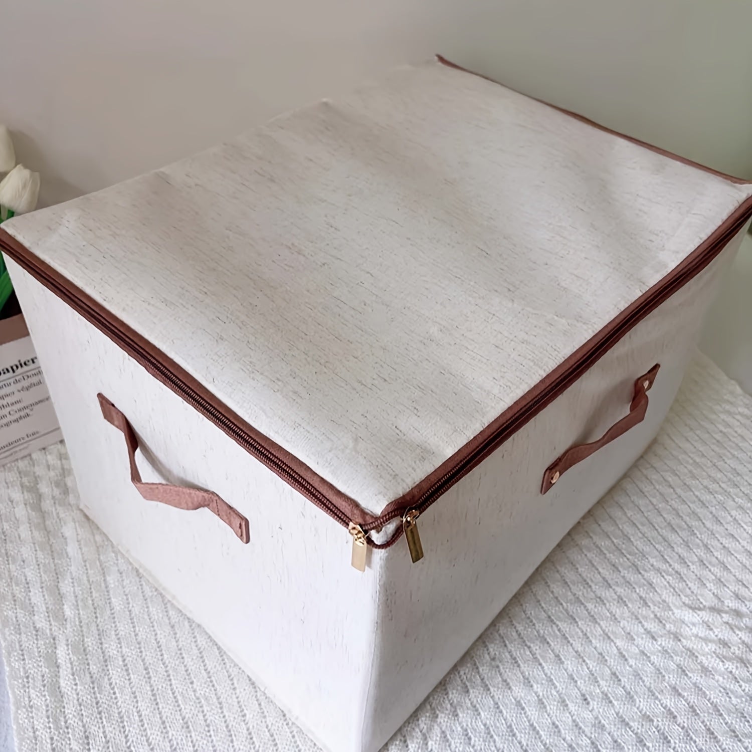 Champagne Fabric Storage Box with Lid Zipper Organizer for Clothes and Blankets Under Bed Dustproof Portable
