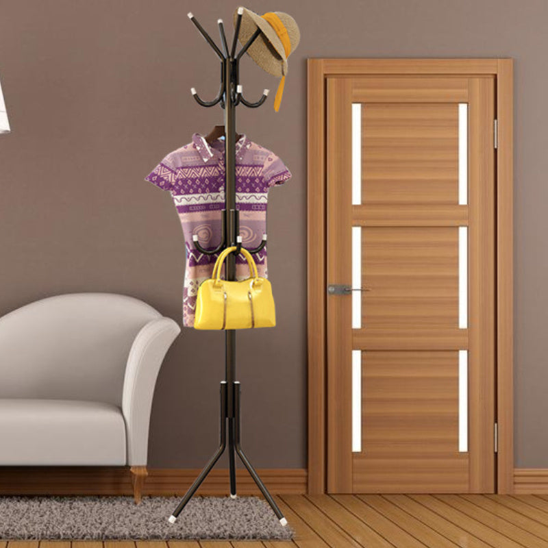 Black Metal Coat Rack with Single Rod and Hooks for Household Storage