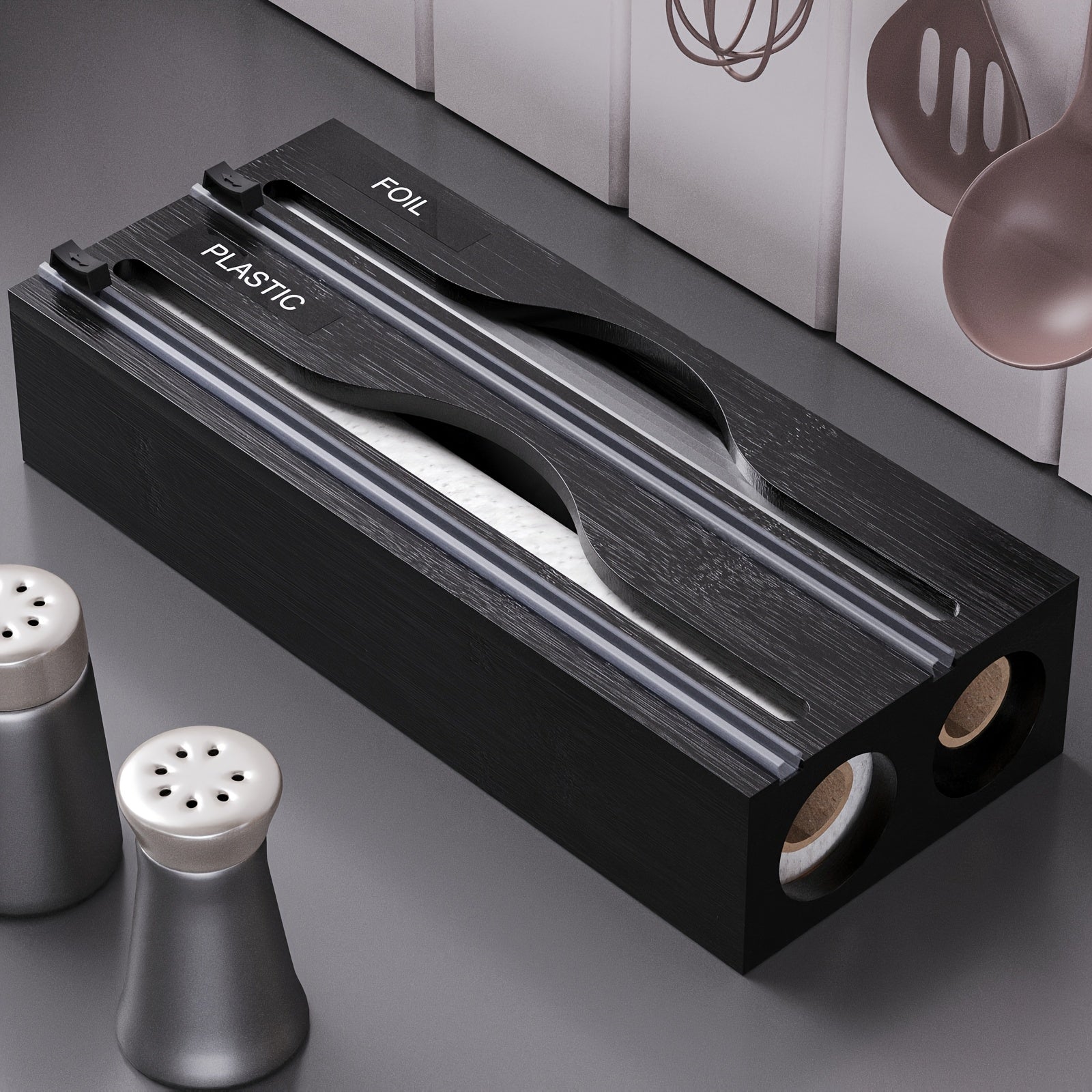 Bamboo Wrap Dispenser with Cutter for Kitchen Drawer Wall Organizer Plastic and Aluminum Foil Storage